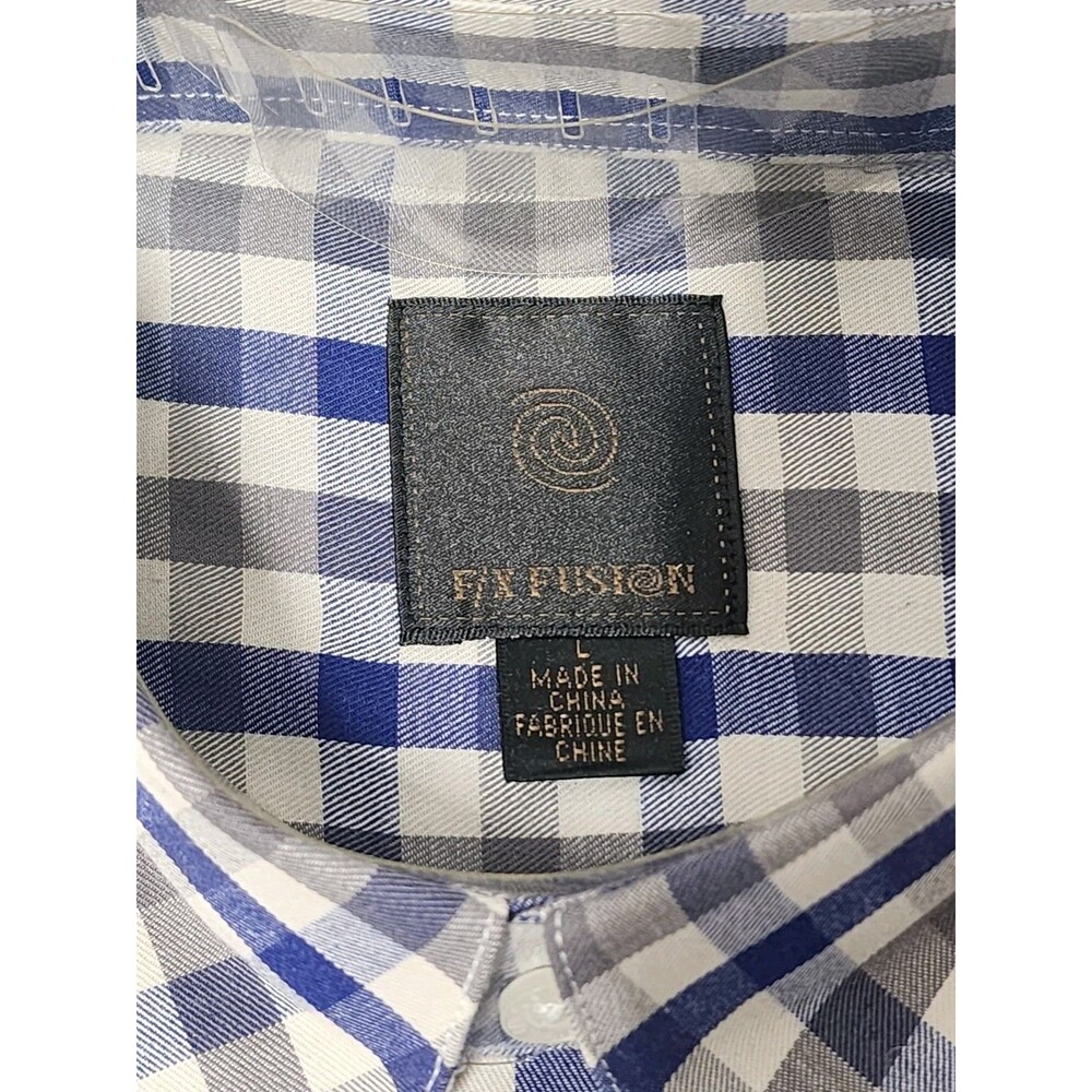 New F/X Fusion D610 men's shirt size large Plaid Blue Grey White - Picture 2 of 3